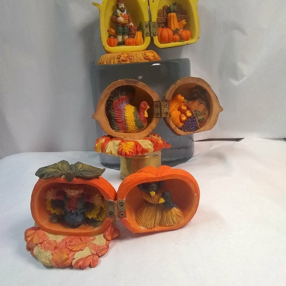 3 Hinged Resin Thanksgiving Treasures Pumpkin, Corn, Walnut Fall Decor Vtg Cltbe